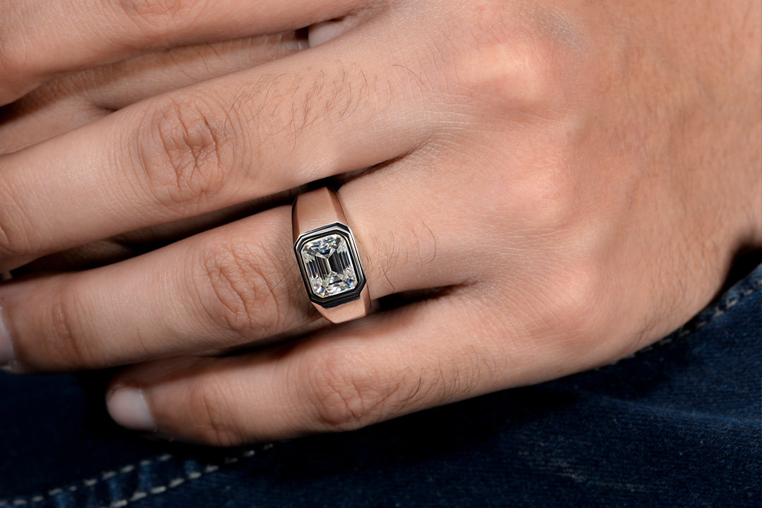 Emerald cut moissanite male ring in 925 silver