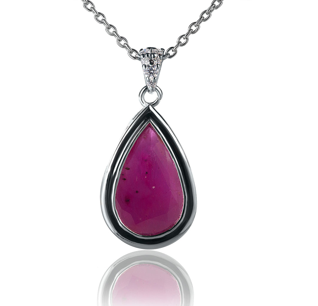 Natural tear drop ruby necklace in 925 silver with moissanite