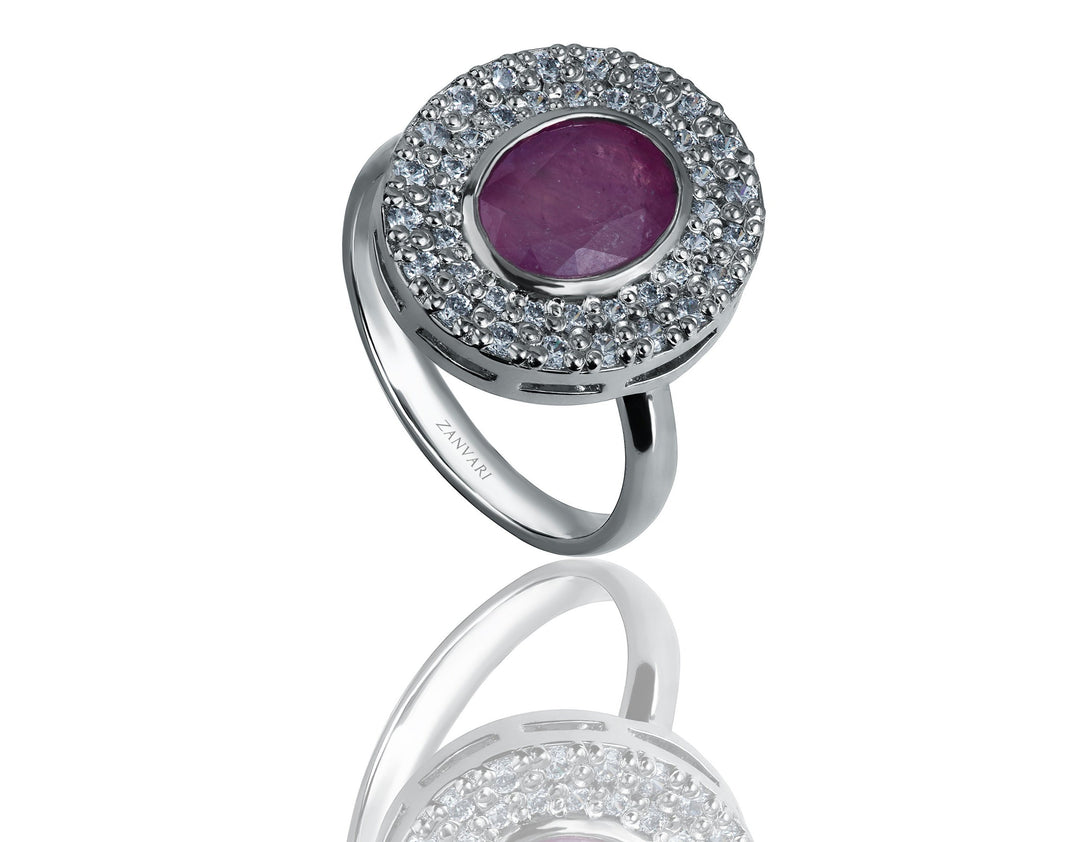 Side angle of ruby ring in 925 silver by Zanvari