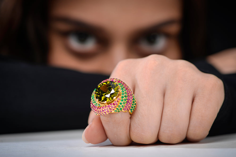 Dragon-Tale Ring - Elegant and Fantasy-inspired with Green and Red Color Stones in Silver Gold Plated